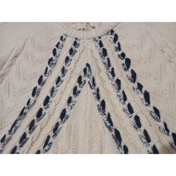 Thistle & Lavender Ivory Cable Knit Blue Ribbon Pullover Sweater Woman's Size XL - Picture 4 of 9